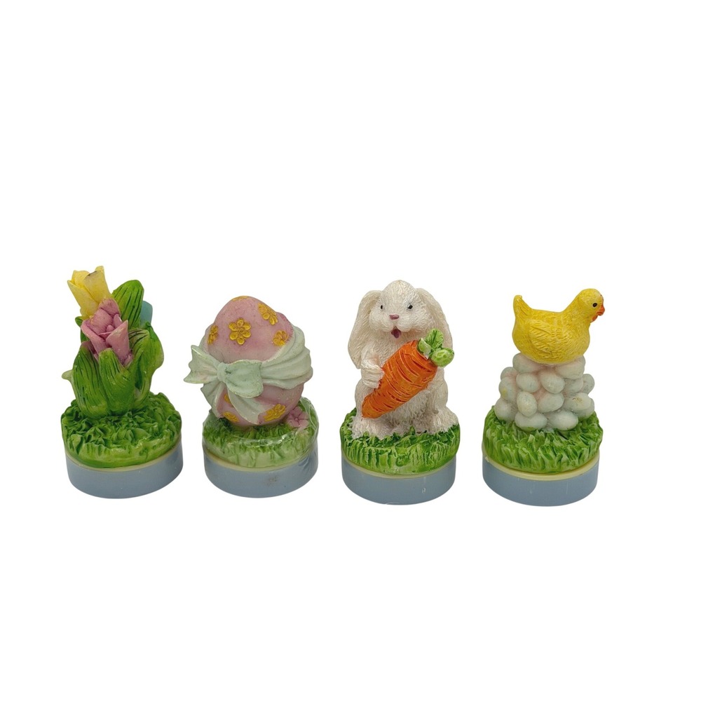 Vtg Easter Rubber Stamps Set of‎ 4 Bunny Chick Egg Tulips Resin Figurines Decor